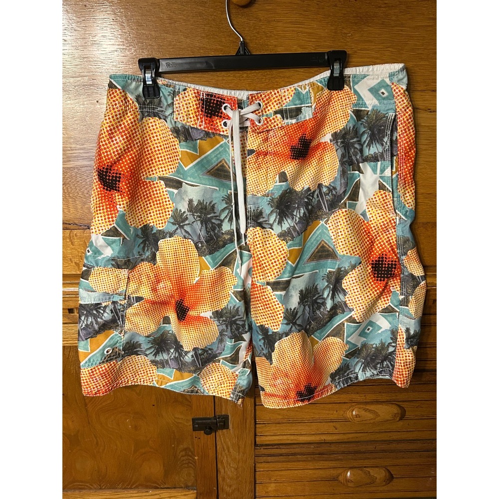 Old Navy Tropical Goth Retro Surf Pool Hibiscus Board Shorts Cargo Swim Trunks
